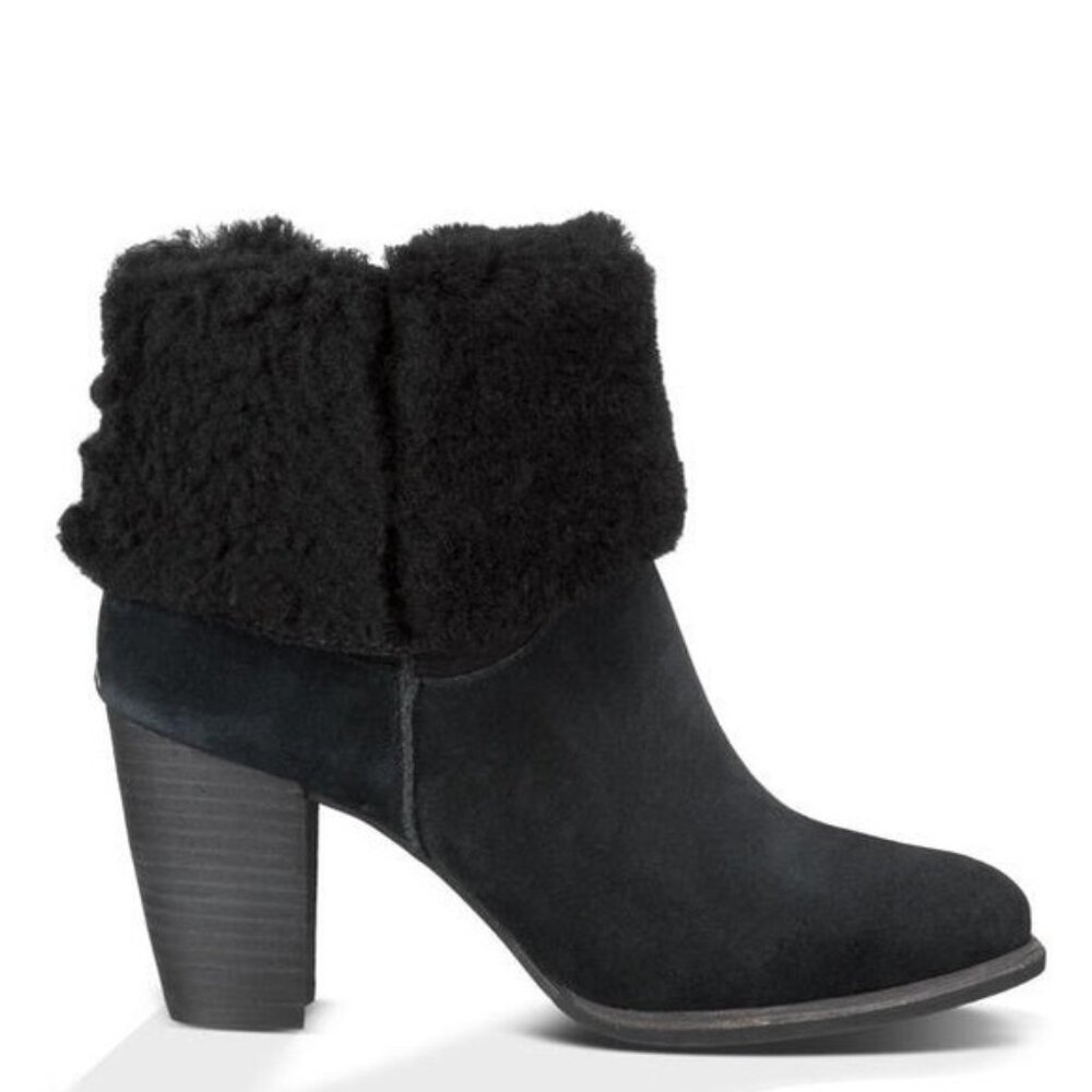 UGG Charlee Suede & Sheepskin Booties 9.5 Black Classic EUC Foldable Shaft